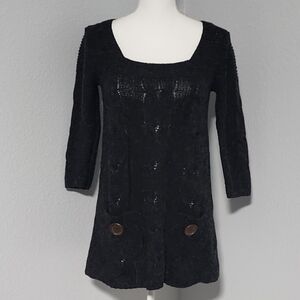 Vintage Glimmer By J.J. Basics Black Knitted Sweater Dress 3/4 Sleeve Size Small